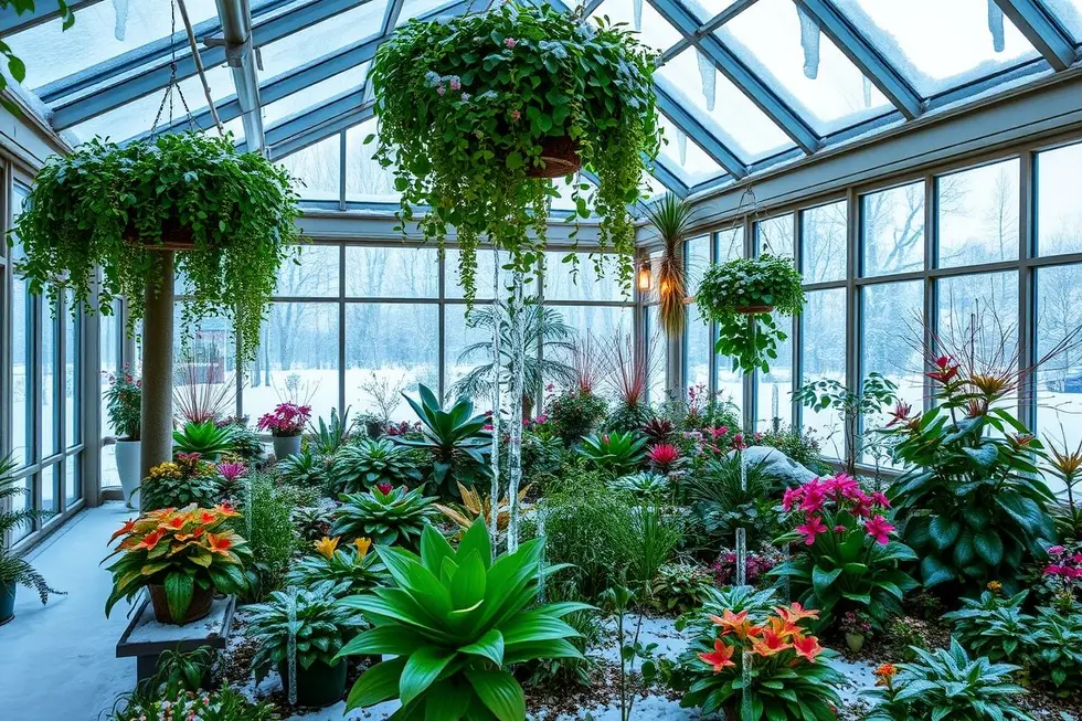 Jardim de inverno bonito com várias plantas saudáveis.