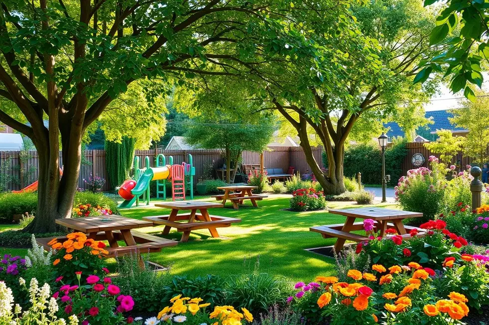 Um lindo jardim familiar com flores e plantas verdes