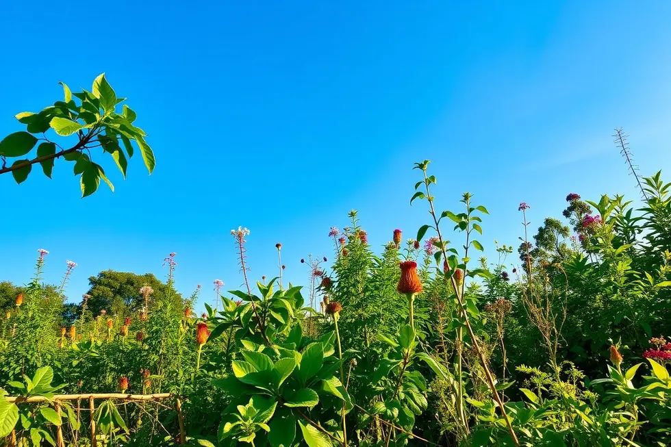 Jardim repleto de plantas medicinais sob um céu azul claro.