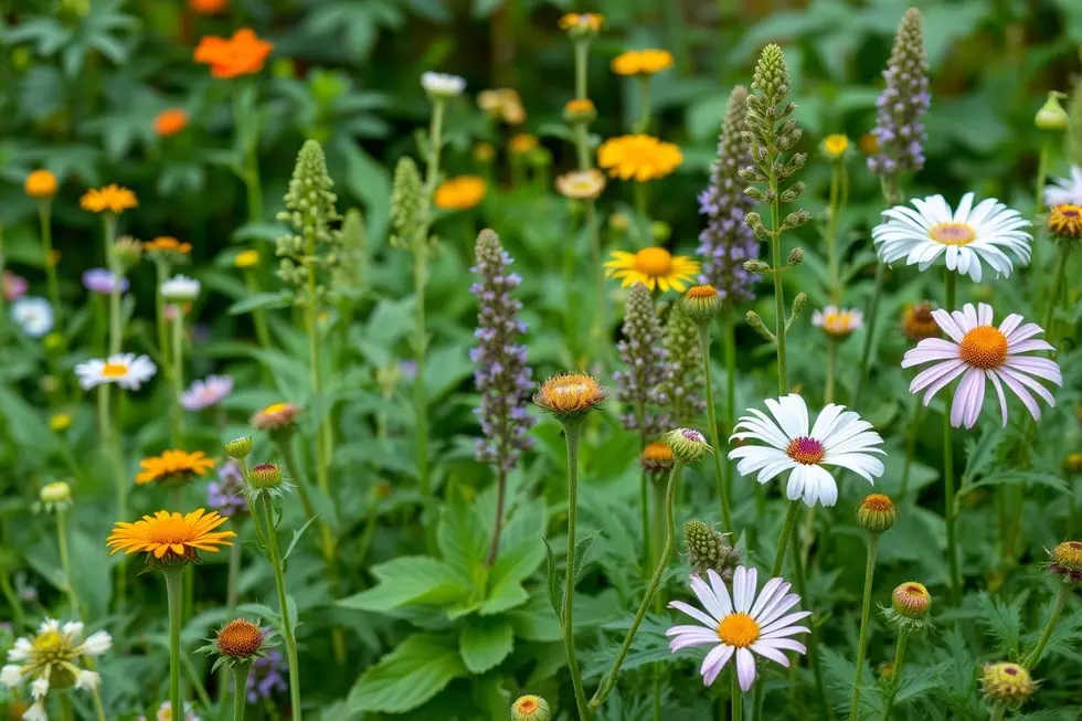 Um jardim de ervas medicinais exuberante e florido, simbolizando a saúde natural