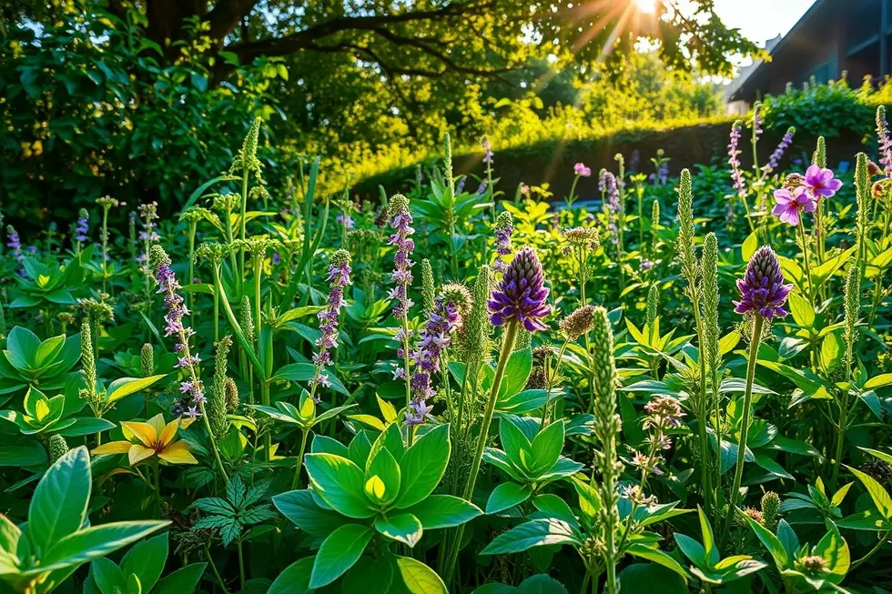 Diverse selection of medicinal plants in a lush garden