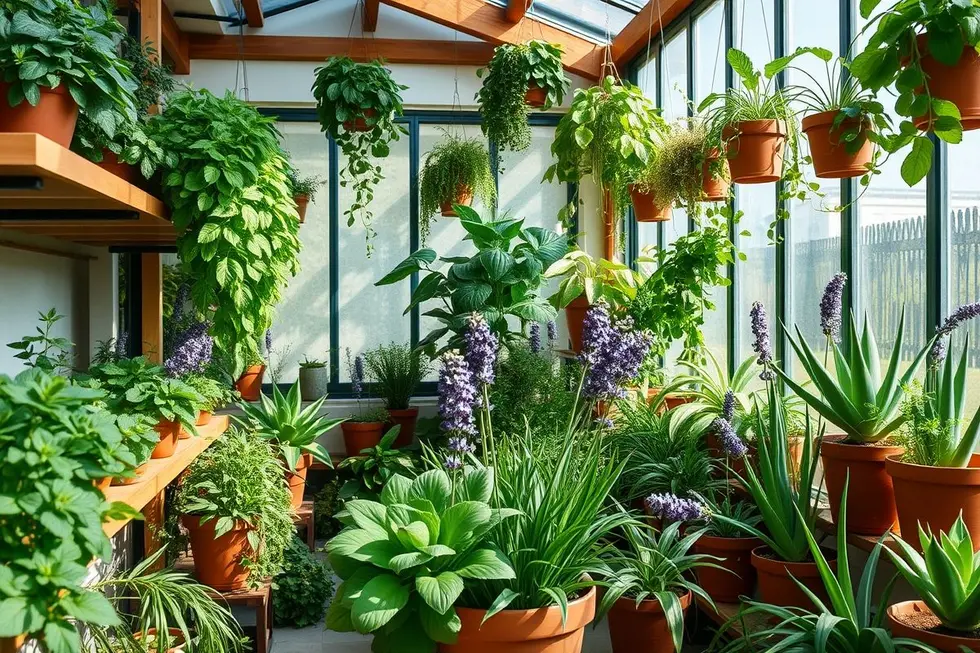 Jardim interno com várias plantas medicinais
