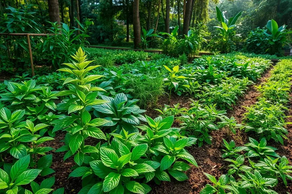 Jardim com plantas medicinais, destaque para o guaimbê