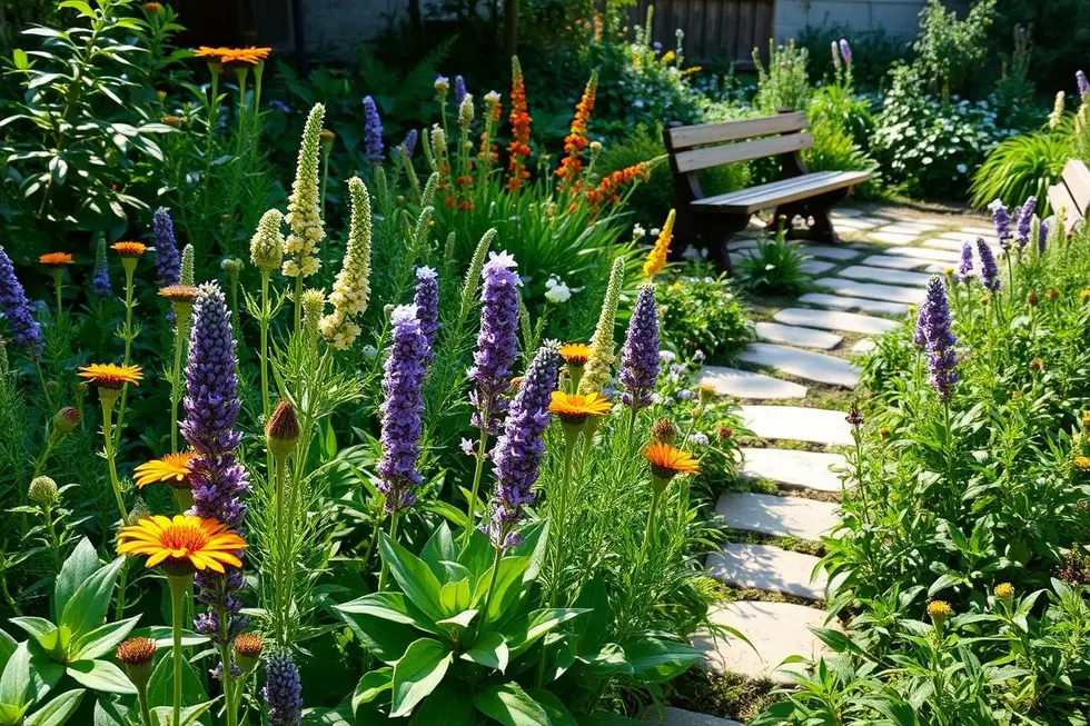 Jardim calmo com diversas plantas medicinais florescendo