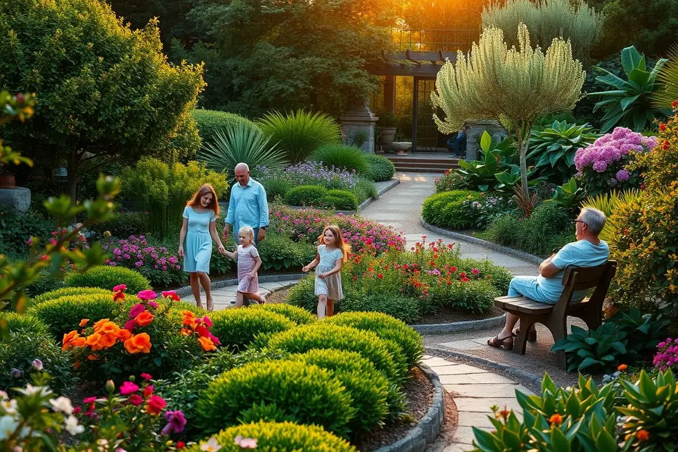 Famílias em um jardim à luz do pôr do sol