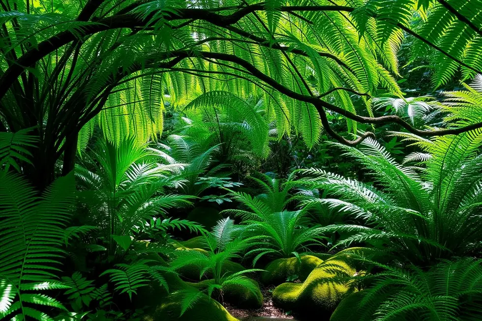 Jardim sereno com diversas samambaias