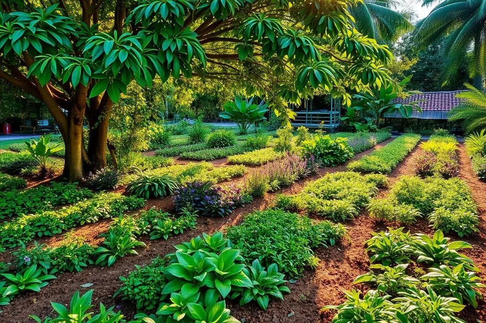 Um jardim repleto de plantas medicinais, destacando o guaimbê