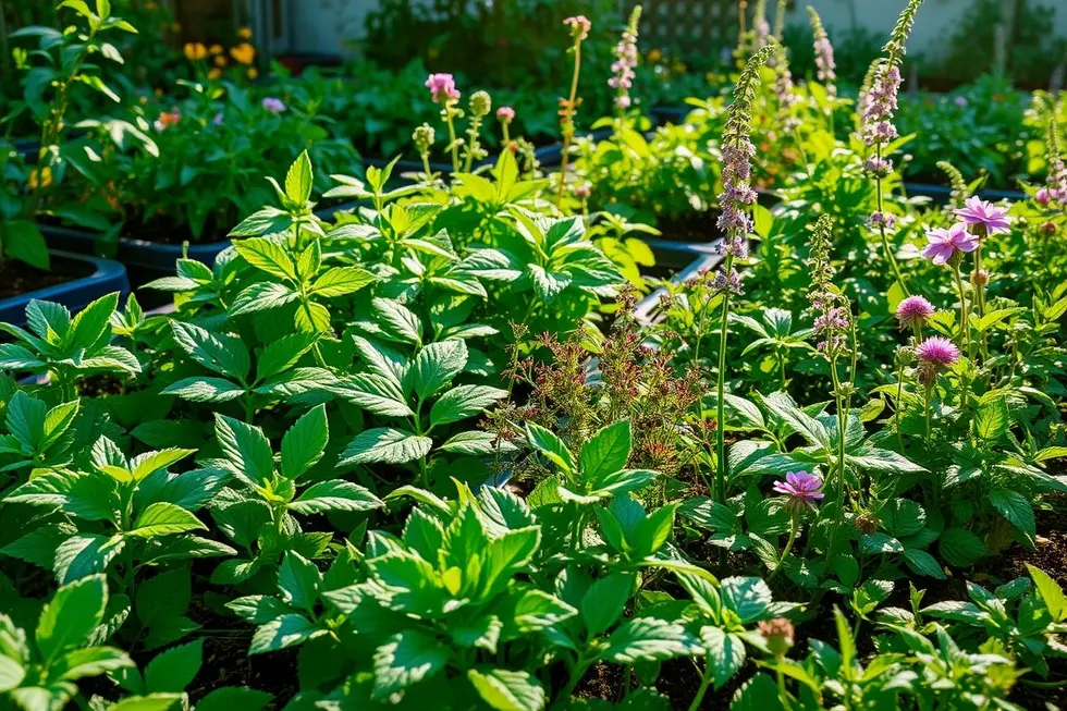 Cena serena de um jardim com várias plantas medicinais.