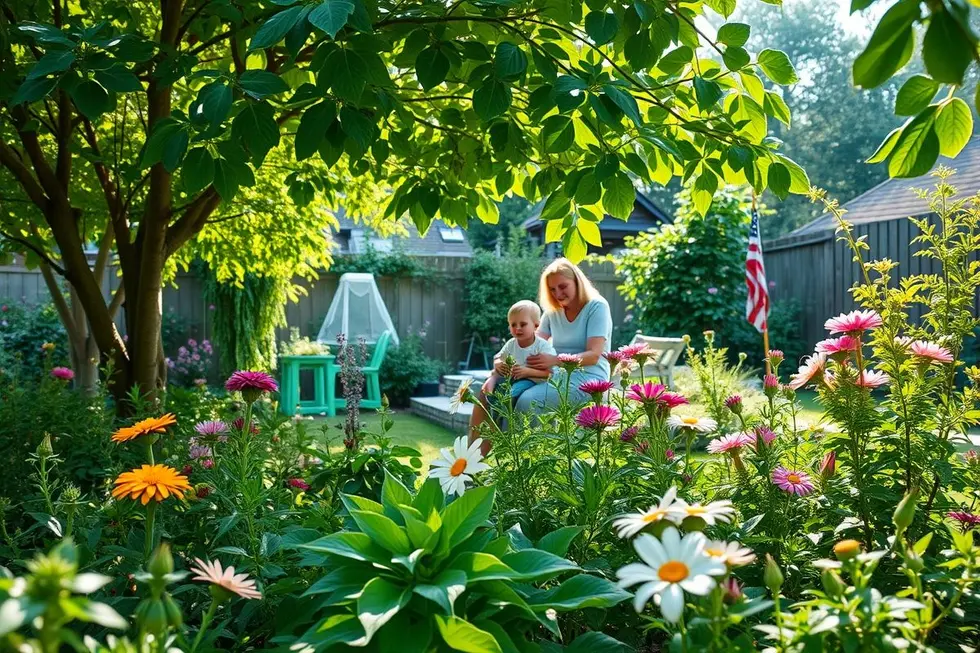 Cenário sereno de um jardim em família com plantas medicinais vibrantes.