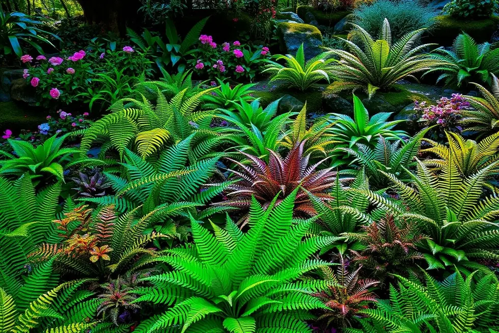 Um jardim lindo com diferentes tipos de samambaias