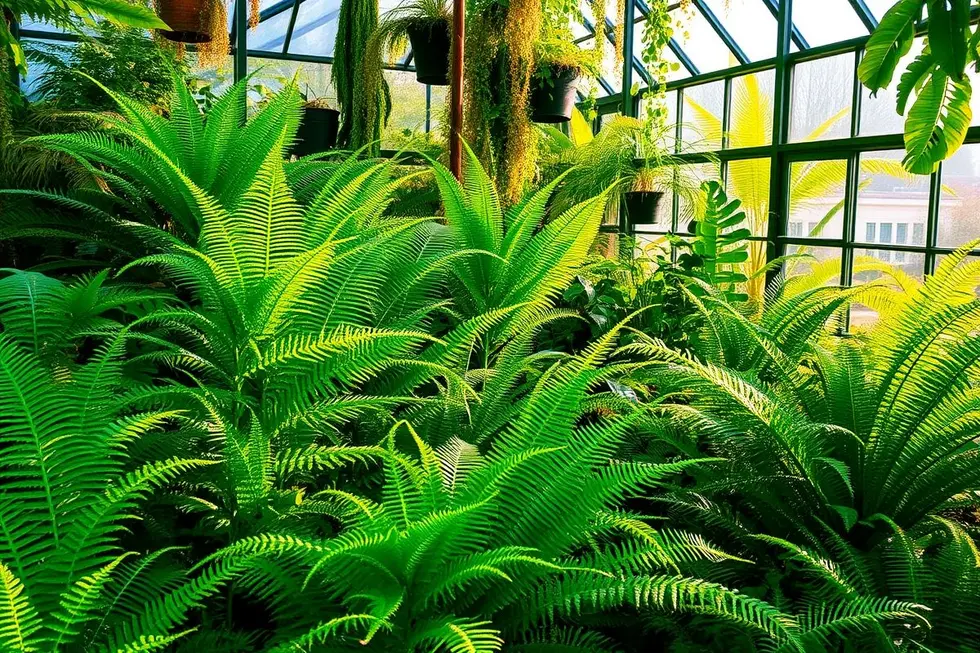 Um jardim exuberante cheio de várias espécies de samambaias