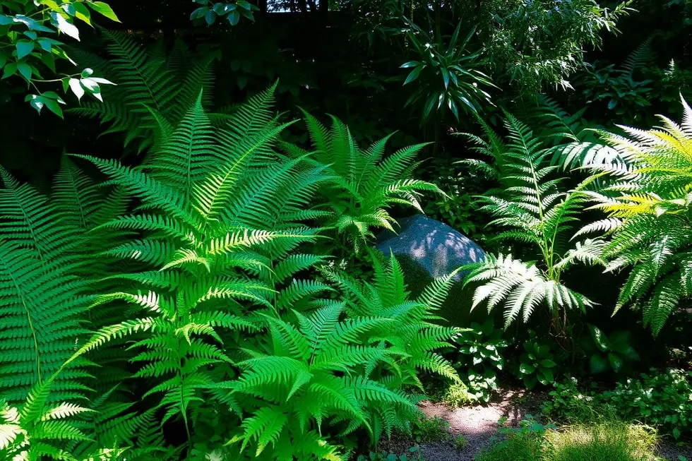 Jardim com várias samambaias criando um ambiente sereno