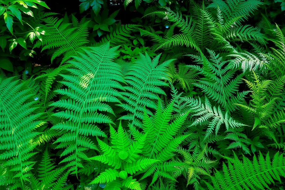 Um jardim exuberante com diferentes tipos de samambaias.