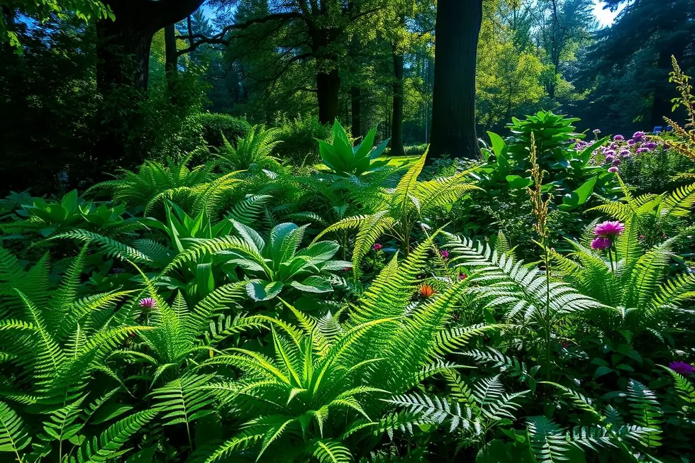 Cena de jardim exuberante com várias samambaias.
