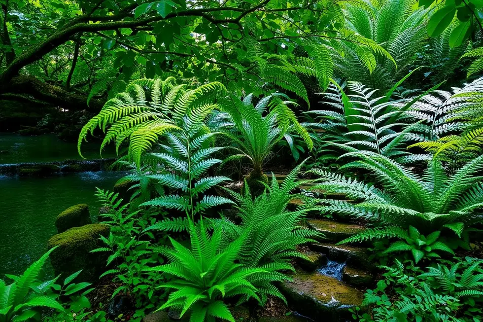 Um jardim de samambaias com vegetação vibrante