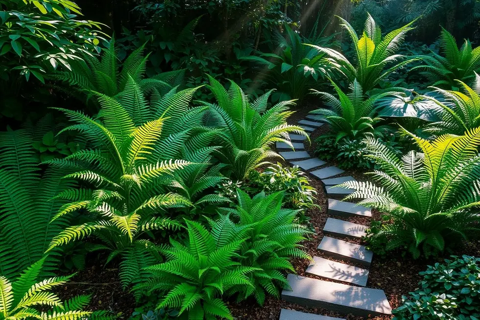 Jardim florido com várias samambaias
