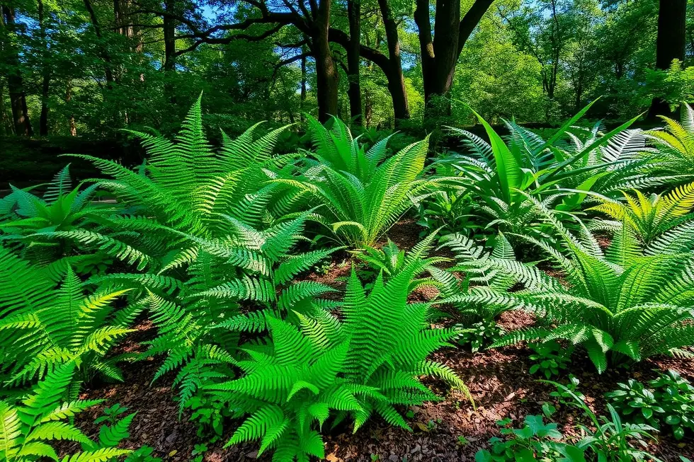 Diversidade de samambaias em um jardim