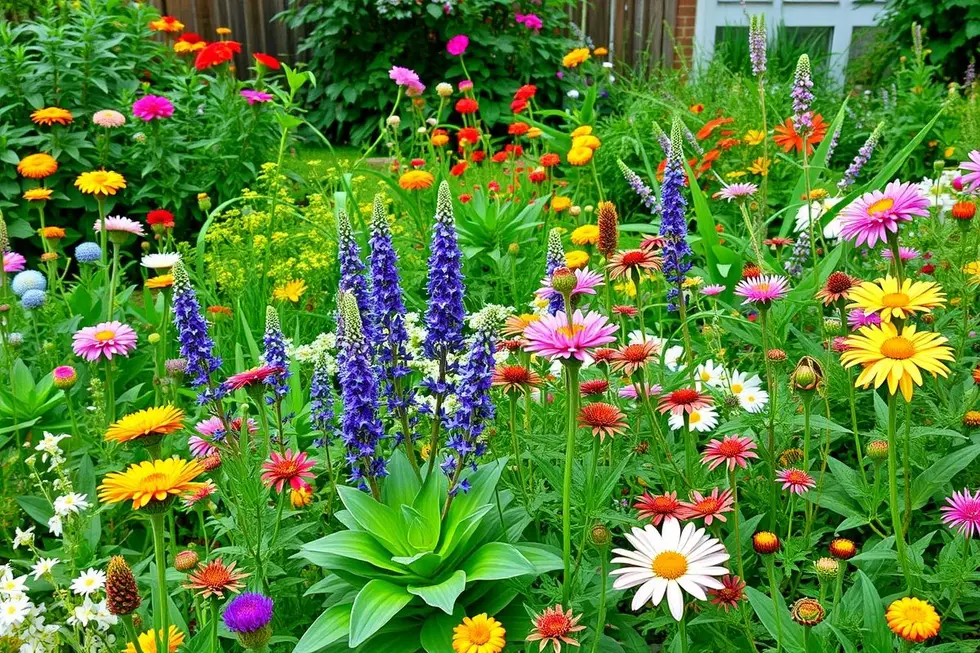 Um jardim sensorial vibrante, cheio de plantas e flores que criam uma atmosfera acolhedora.