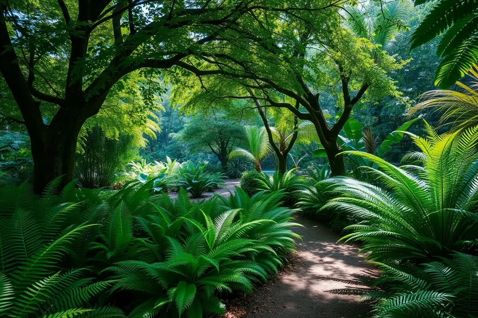 Jardim tranquilo com samambaias luxuriantes