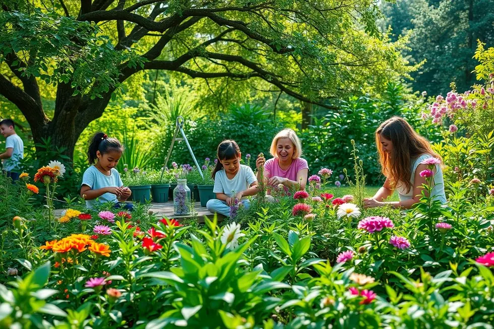Família desfrutando de um jardim de plantas medicinais