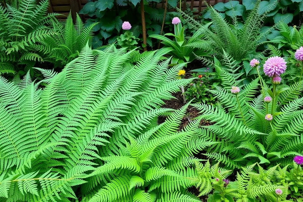 Um jardim com samambaias e outras plantas ornamentais criando um espaço relaxante.