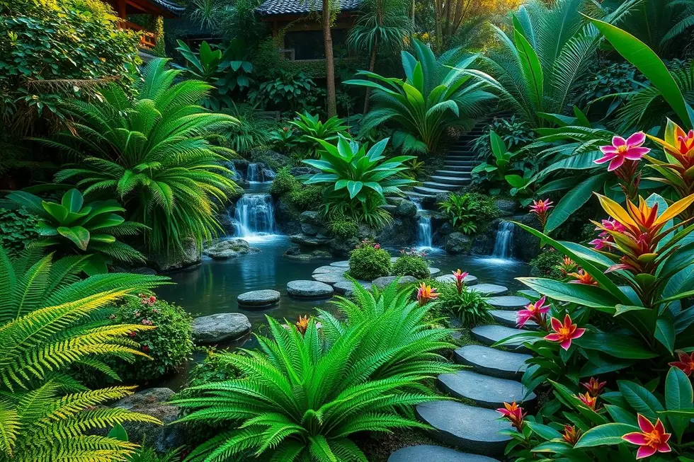 Um jardim tropical com samambaias e plantas variadas.