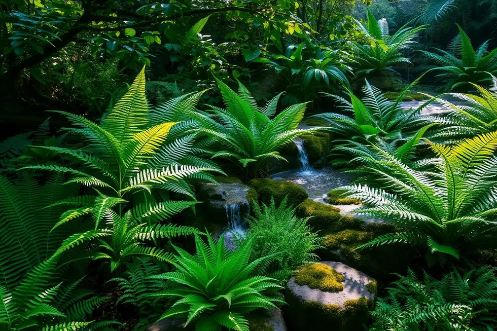 Um jardim tranquilo com variadas samambaias