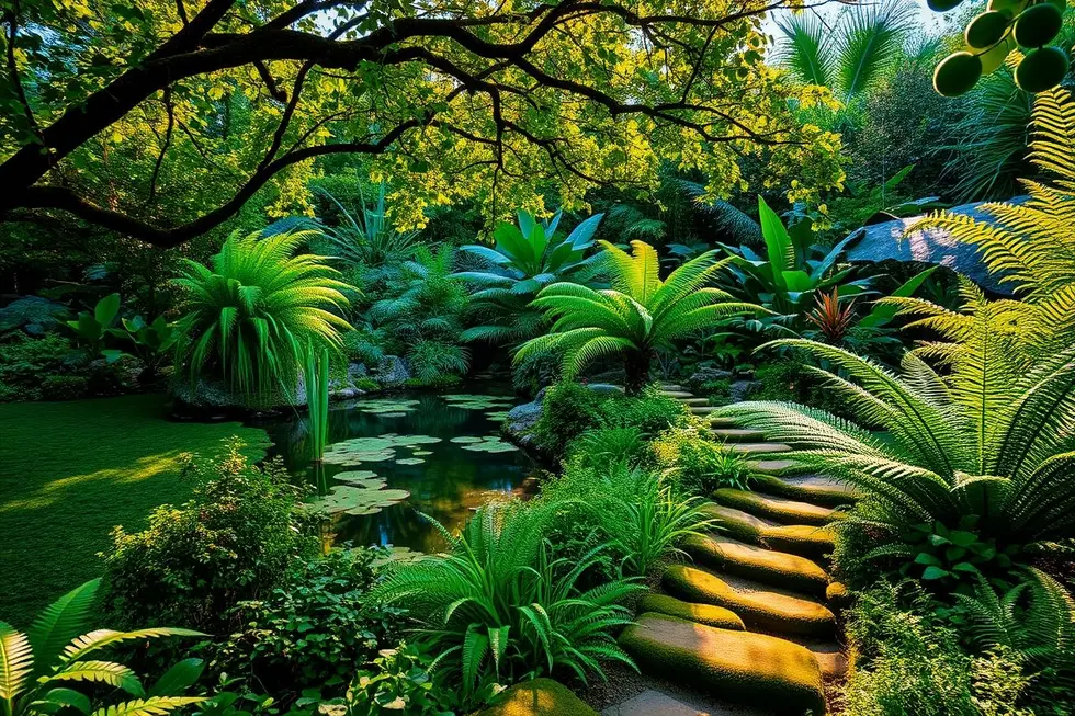 Um jardim tranquilo contendo samambaias