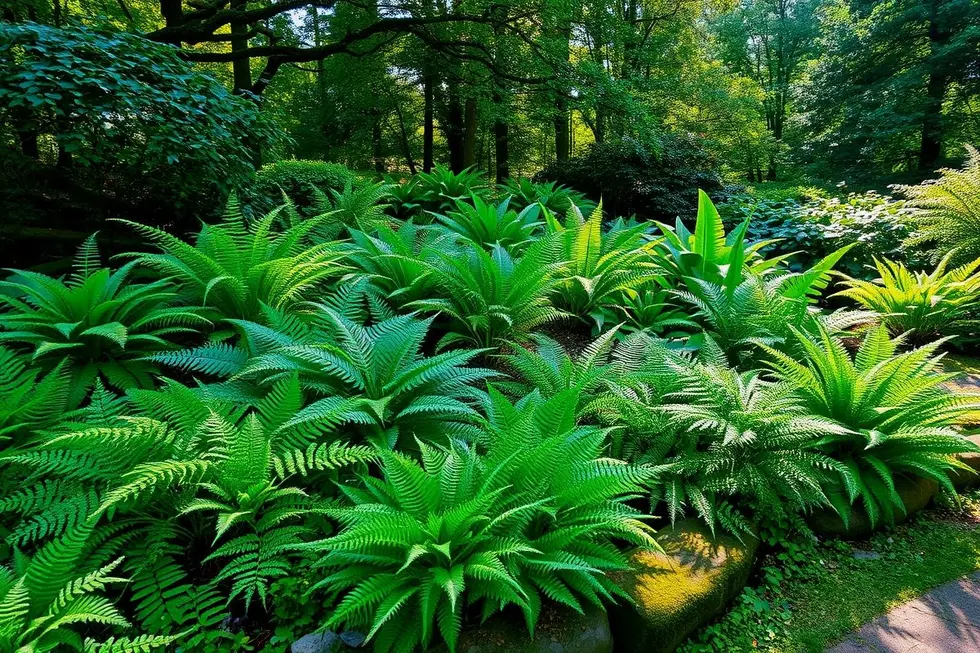Um jardim tranquilo com várias samambaias