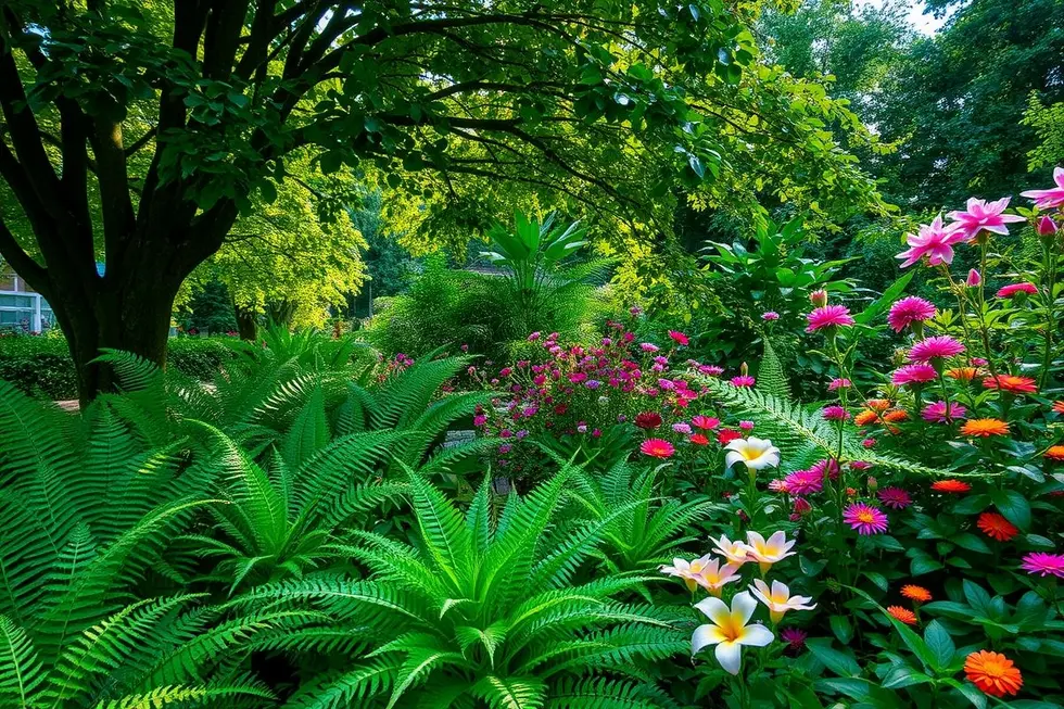 Imagem de um jardim tranquilo com várias samambaias e flores coloridas.