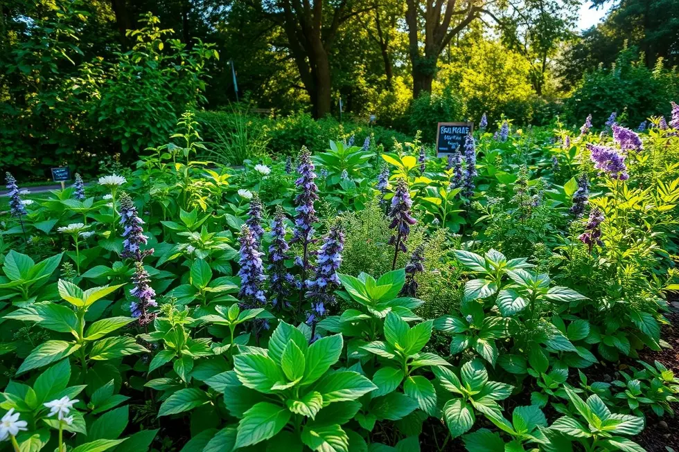 Jardim florido com plantas medicinais demonstrando o benefício da compostagem
