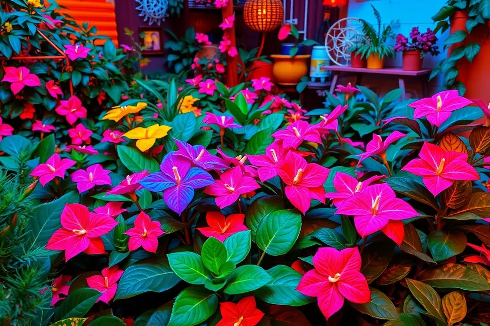 Jardim colorido com antúrios