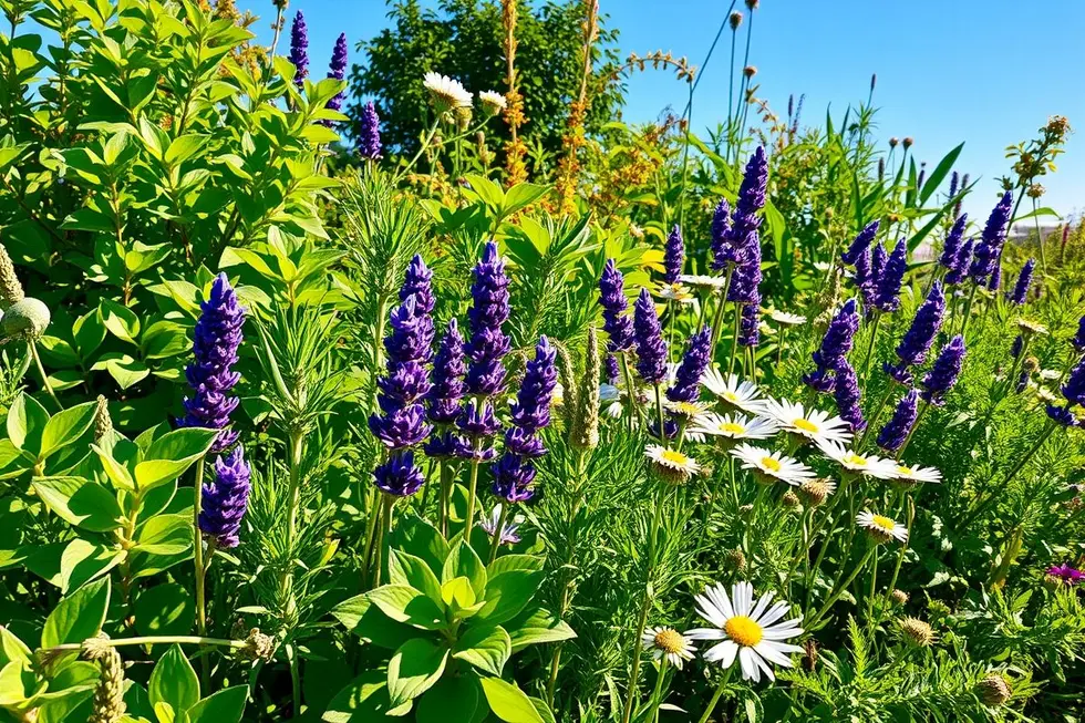 Jardim saudável com diversas plantas medicinais sob o sol