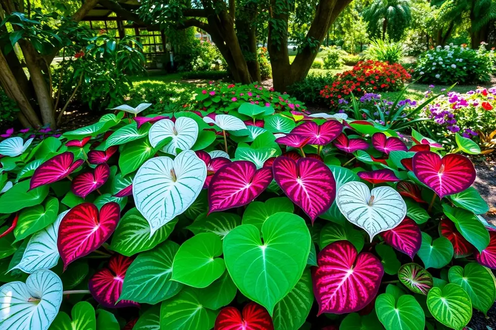 Jardim bonito com várias plantas de caladium em flor.