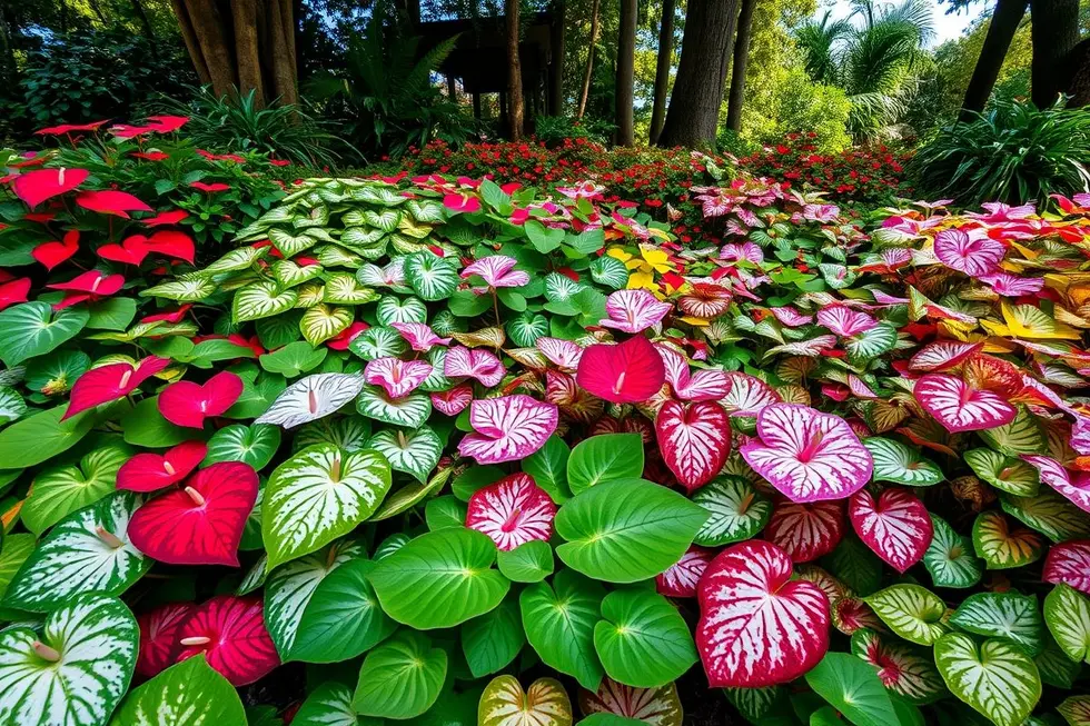 Jardim exuberante com plantas de Caladium coloridas