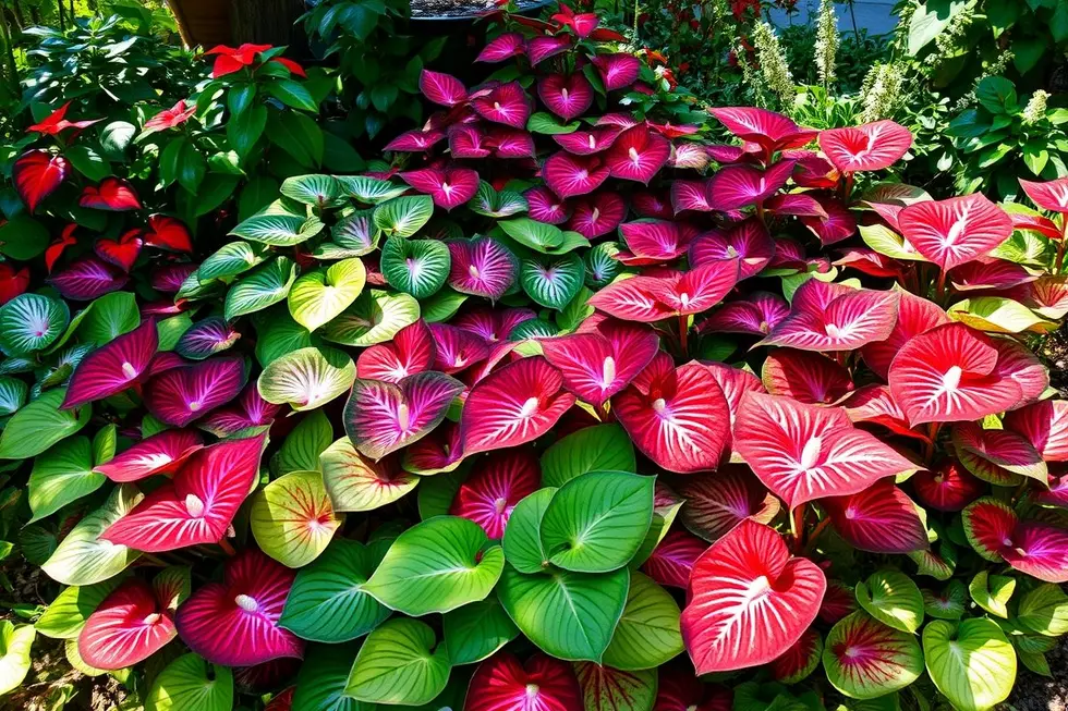 Cenário de um jardim com diversas plantas de caladium coloridas