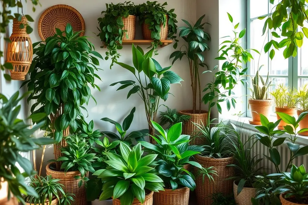 Imagem de um jardim interior com várias plantas de fácil manutenção.
