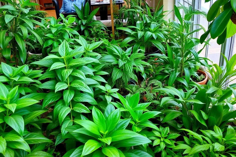Um jardim interno cheio de plantas verdes