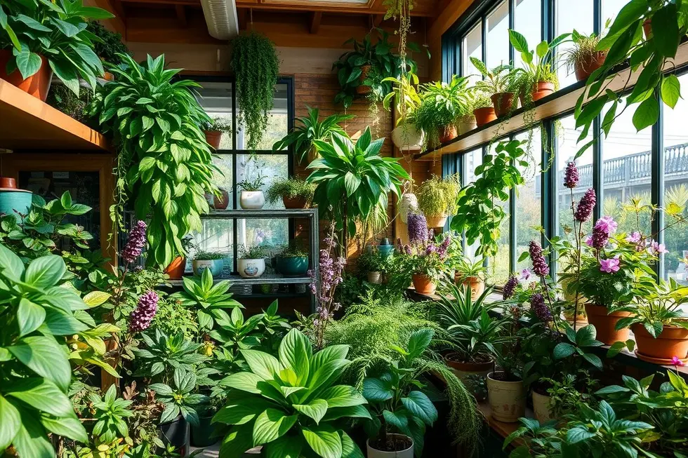 Jardim interno com diversas plantas medicinais