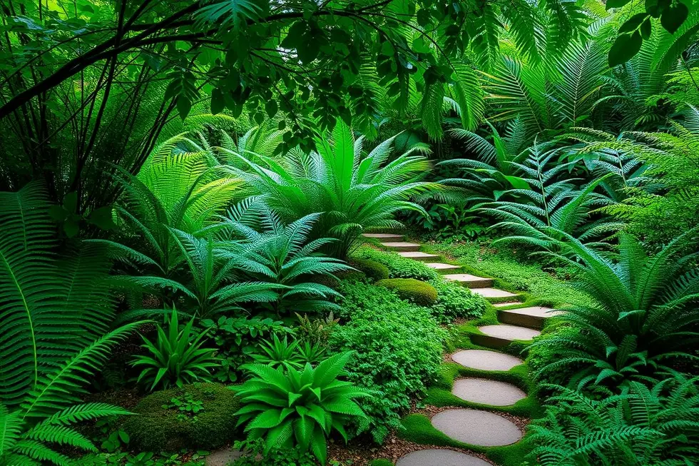 Jardim com diferentes variedades de samambaias harmoniosamente dispostas