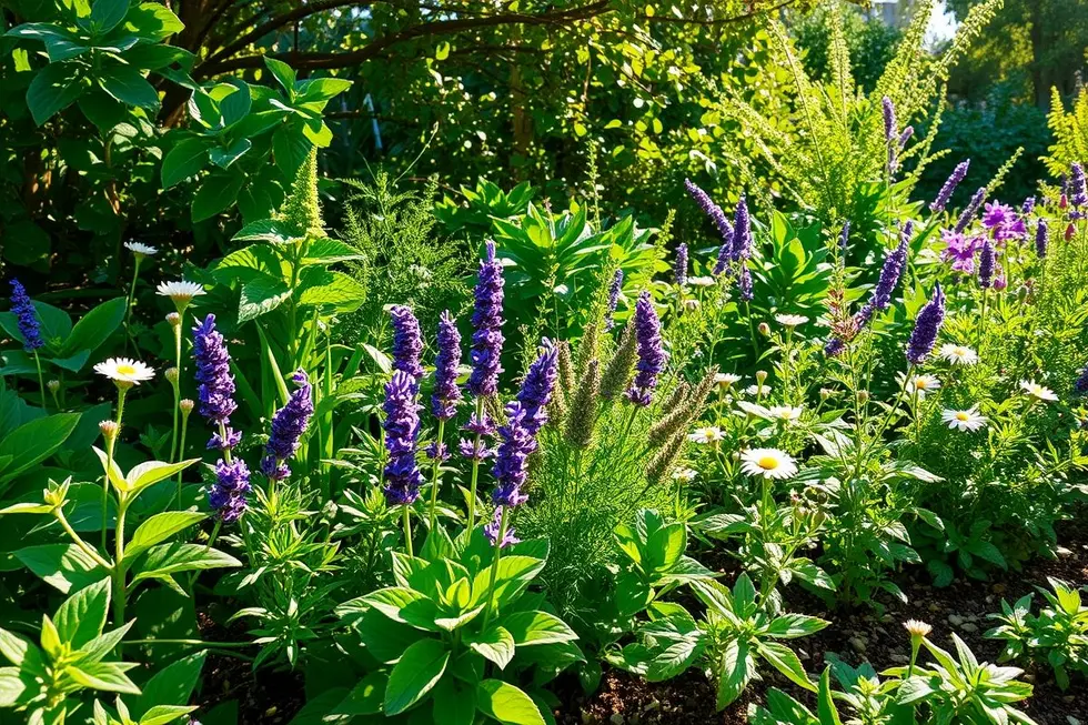 Jardim sustentável com plantas medicinais expostas à luz do sol