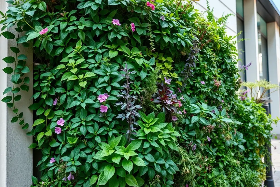 Jardim vertical vibrante com plantas medicinais, em um espaço urbano.