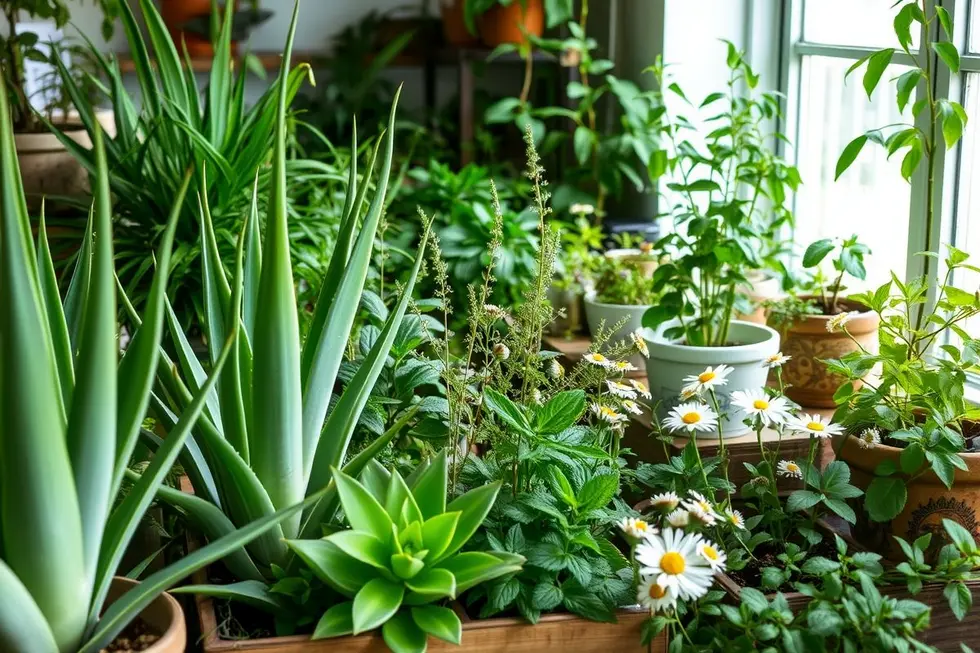 Jardim interno com plantas como aloe vera, menta e camomila