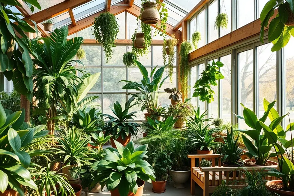Jardim interno com variadas plantas, ideal para iniciantes.