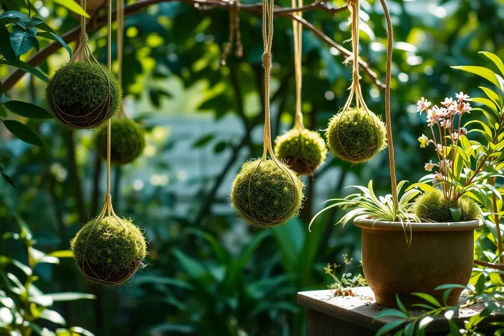 Um elegante espaço de jardim com kokedamas