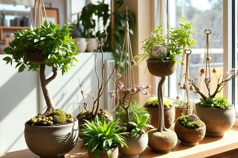 Várias kokedama dispostas em um ambiente interno iluminado.