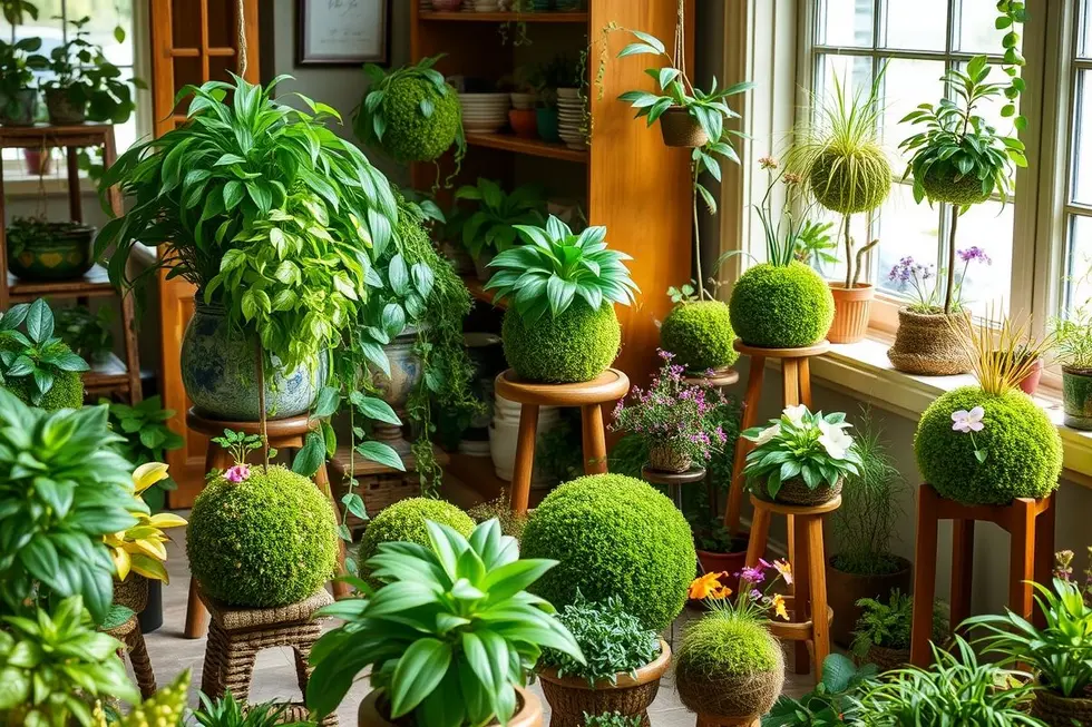 Exibição de kokedama em um jardim caseiro.