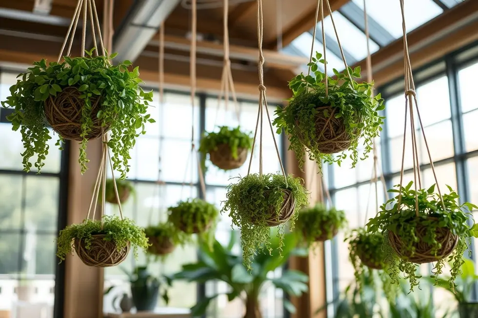 Ambiente interno decorado com várias kokedama penduradas