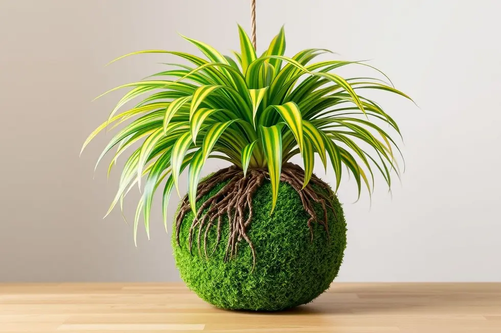 Kokedama de jiboia apresentada em um fundo neutro, destacando suas cores.