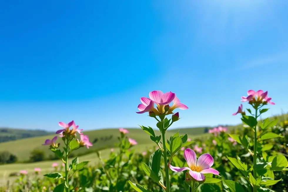 Paisagem serena com plantas Corus em flor e céu azul ao fundo.